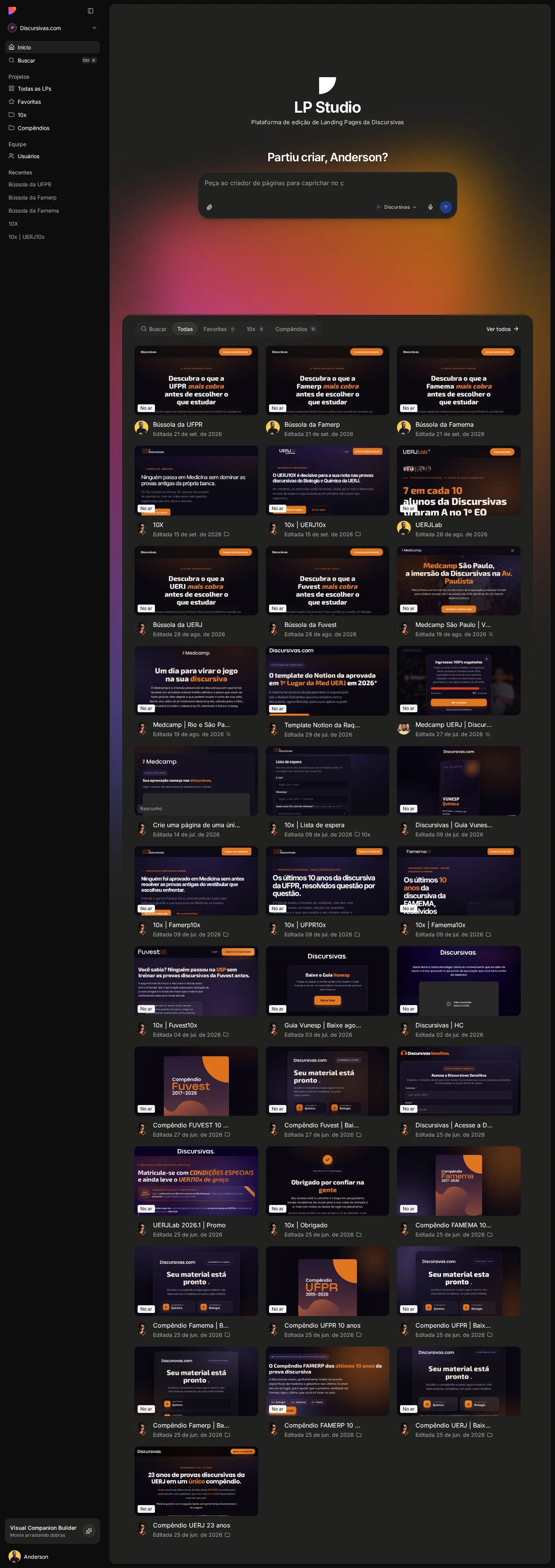 Discursivas LP Studio · Educação · Criador de landing pages com IA